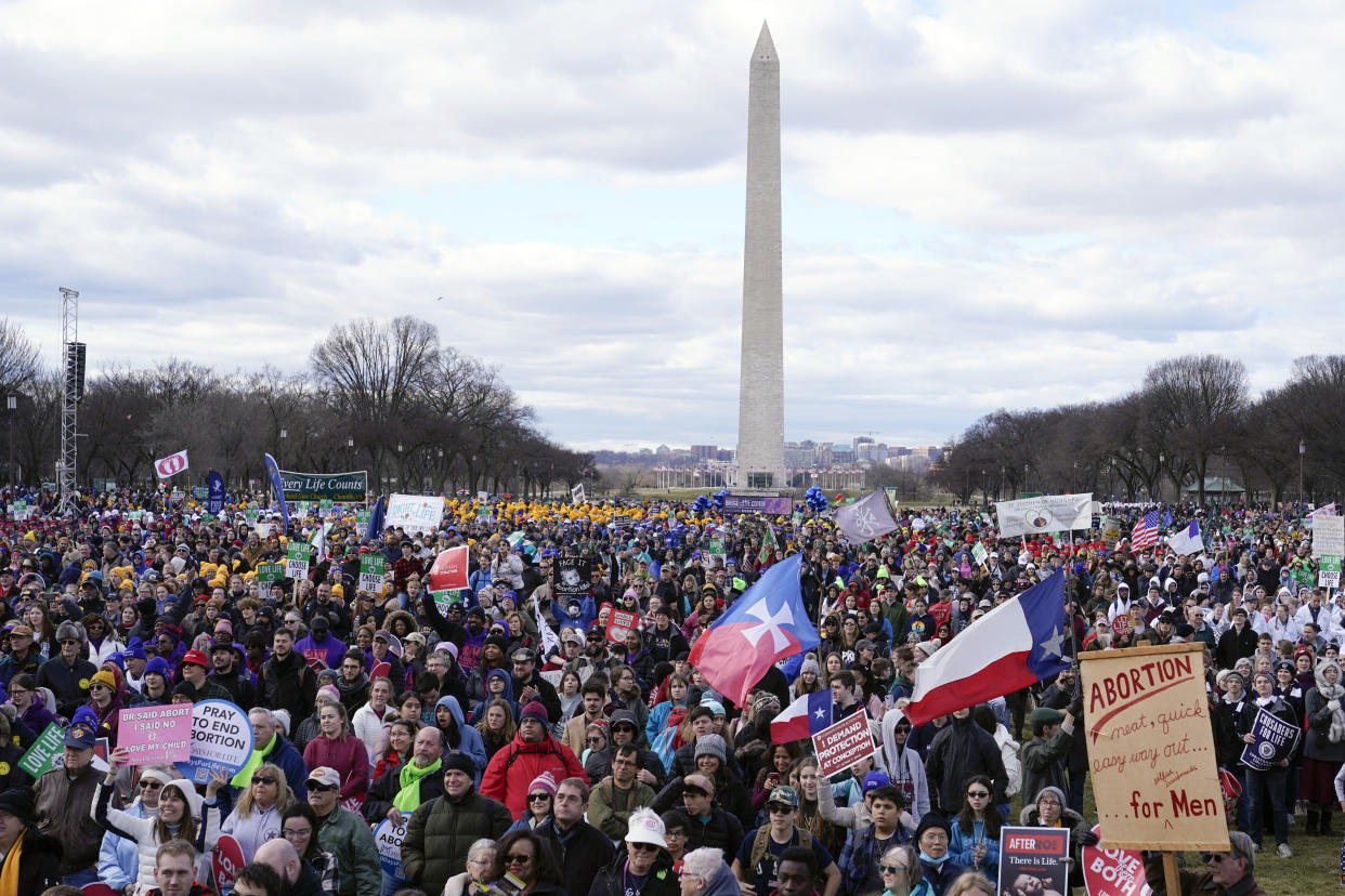 People participate in the March for Life rally in front of the Washington Monument on Friday. (AP Photo/Patrick Semansky)