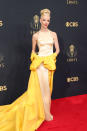 <p>"The Queen's Gambit" star channelled old Hollywood glamour in a champagne with canary yellow train by Christian Dior. <em>(Image via Getty Images)</em></p> 