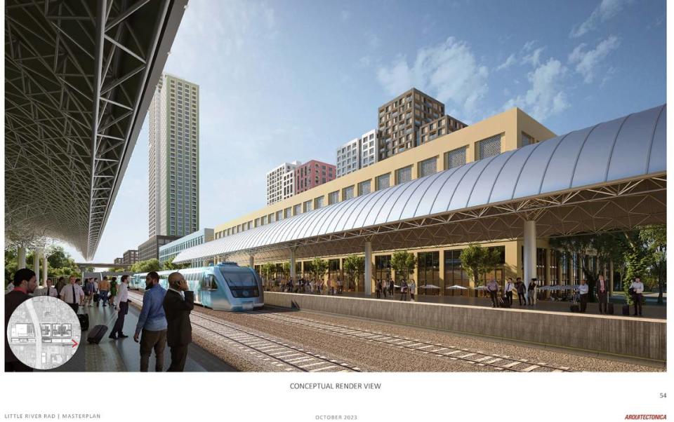 Una representación conceptual muestra una posible nueva estación de Tri-Rail que formaría parte de una amplia propuesta de reurbanización que pretende aportar 5,000 apartamentos asequibles y de mano de obra a los vecindarios de Little River y el Pequeño Haití en Miami.