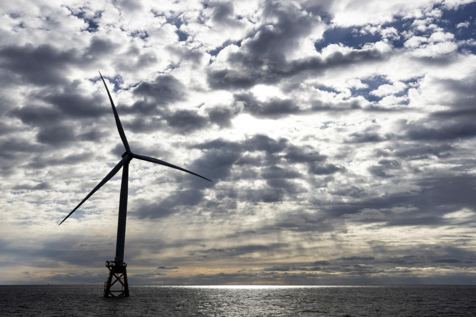 FILE - A Block Island Wind Farm turbine operates, Dec. 7, 2023, off the coast of Block Island, R.I., during a tour of the South Fork Wind farm organized by Orsted. The federal government has finalized two areas for floating offshore wind farms along the Oregon coast. The Bureau of Ocean Energy Management says the two areas cover nearly 200,000 acres. (AP Photo/Julia Nikhinson, File)