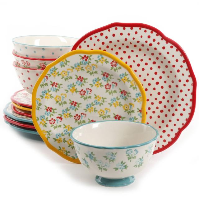 The Pioneer Woman Gingham Red 12-Piece Dinnerware Set - Walmart.com