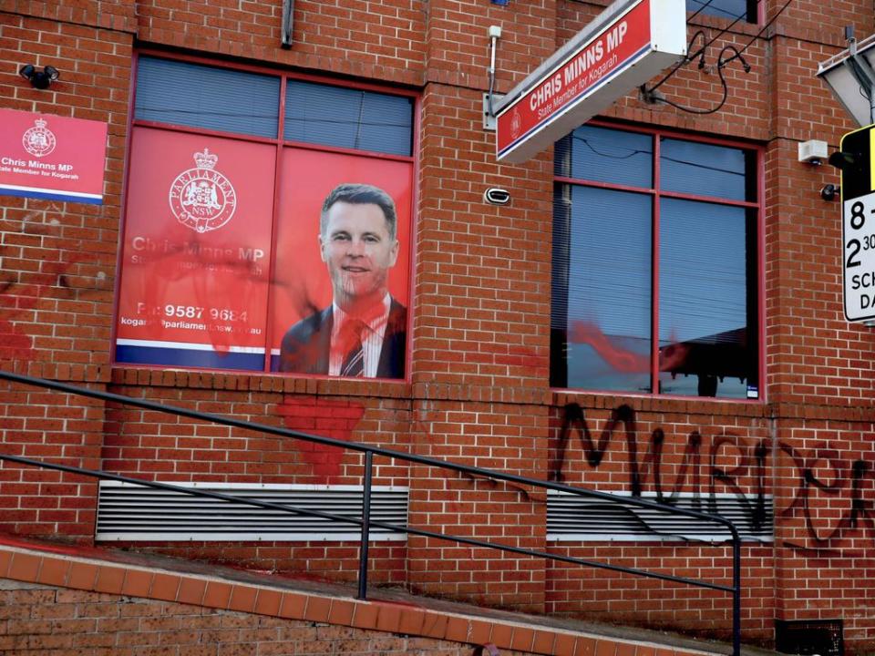 SYDNEY, AUSTRALIA - NewsWire Photos - 03 JUNE, 2024: The offices of NSW Premier Chris Minns in Kogarah are pictured covered with red 