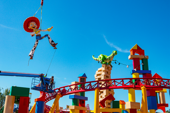 Toy Story's Jessie being lifted into the Toy Story Land that will open at Disney's Hollywood Studios in 2018.