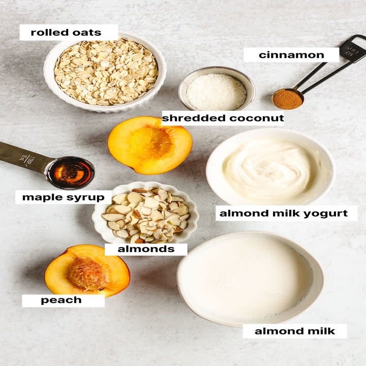 Ingredients for peach overnight oats.