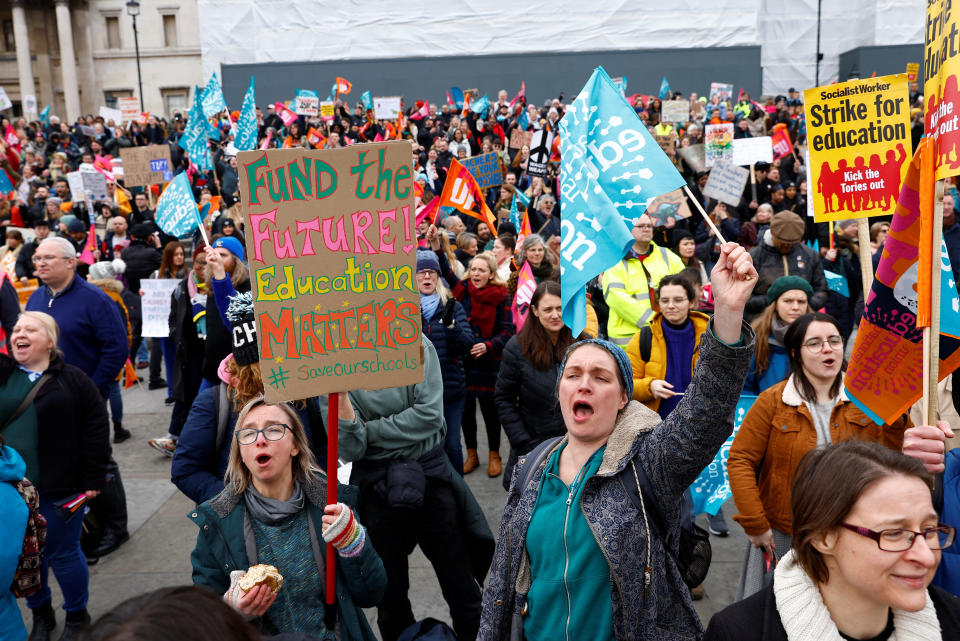 UK economy Teachers attend a march during strike action in a dispute over pay, in London, Britain March 15, 2023. REUTERS/Peter Nicholls