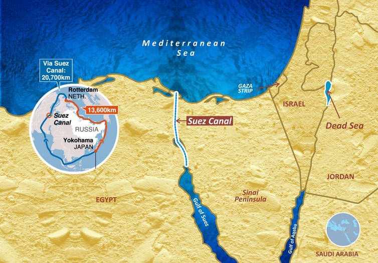Locator map showing position of the Suez canal connecting the Mediterranean Sea to the Red Sea.