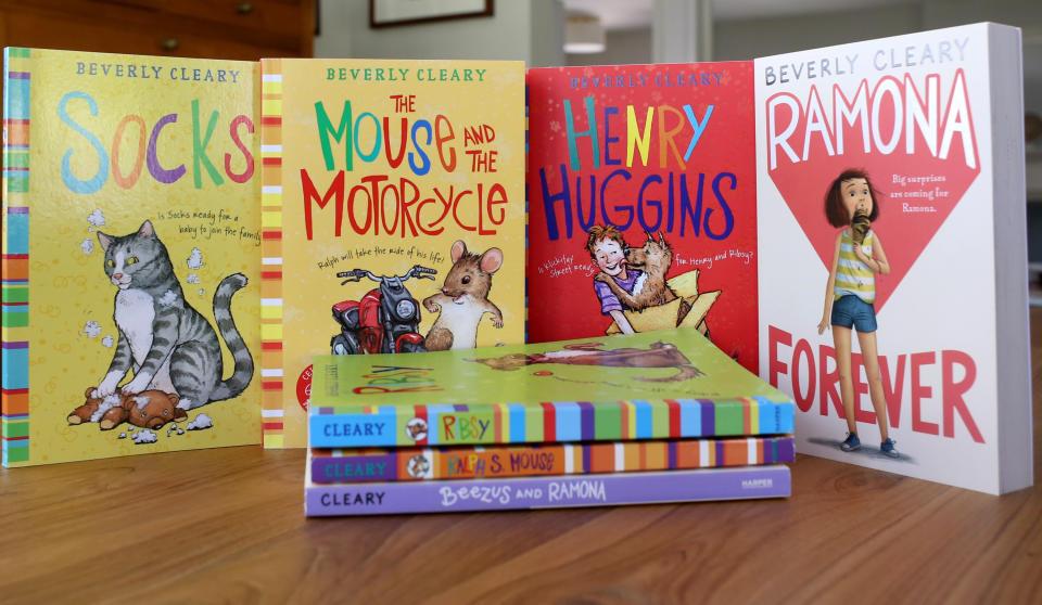 This image shows a collection of books by Beverly Cleary on Friday, March 26, 2021, at a home in Altadena, Calif. The beloved children's author, whose characters Ramona Quimby and Henry Huggins enthralled generations of youngsters, has died. She was 104. Cleary's publisher, HarperCollins, announced her death Friday. In a statement, the company said Cleary died in Carmel, Calif., her home since the 1960s, on Thursday. No cause of death was given. (AP Photo/Anthony McCartney)