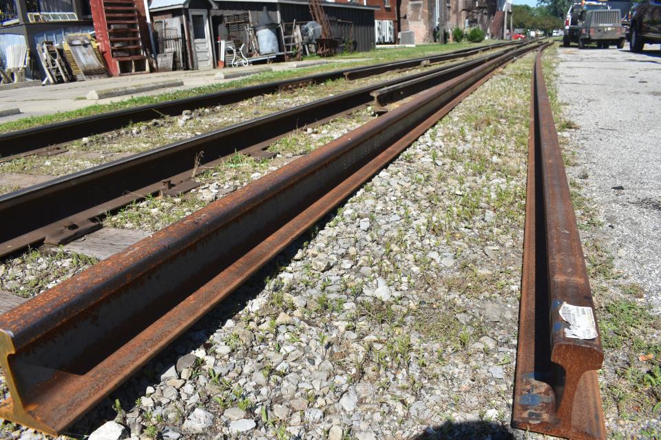 At least 100 feet of rail has been removed from the tracks in Blissfield along North Lane Street near the intersection of U.S. 223 and is in the process of being replaced with new steel tracks, pictured, as well as new cross ties and new welded joints. New asphalt will also be laid.