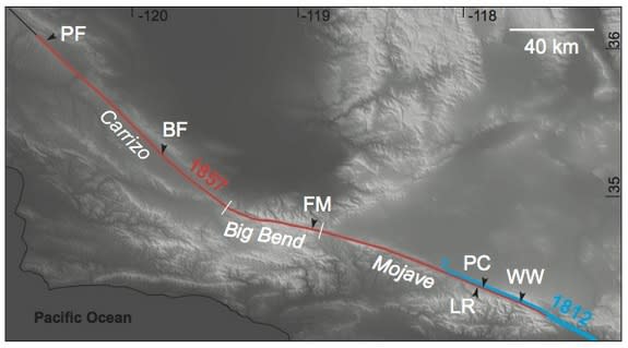 The southern San Andreas Fault. Red marks the section that broke during its 1857 earthquake. FM stands for Frazier Mountain.