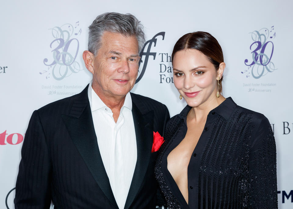 American actress Katharine McPhee and David Foster arrive for the David Foster Foundation Gala at Rogers Arena on October 21, 2017 in Vancouver, Canada.  (Photo by Andrew Chin/Getty Images)