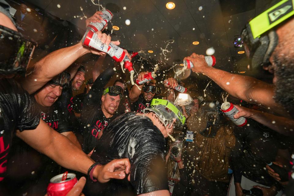 Minnesota Twins celebrate after clinching the American League Central Division title at Target Field on Sept. 22, 2023.