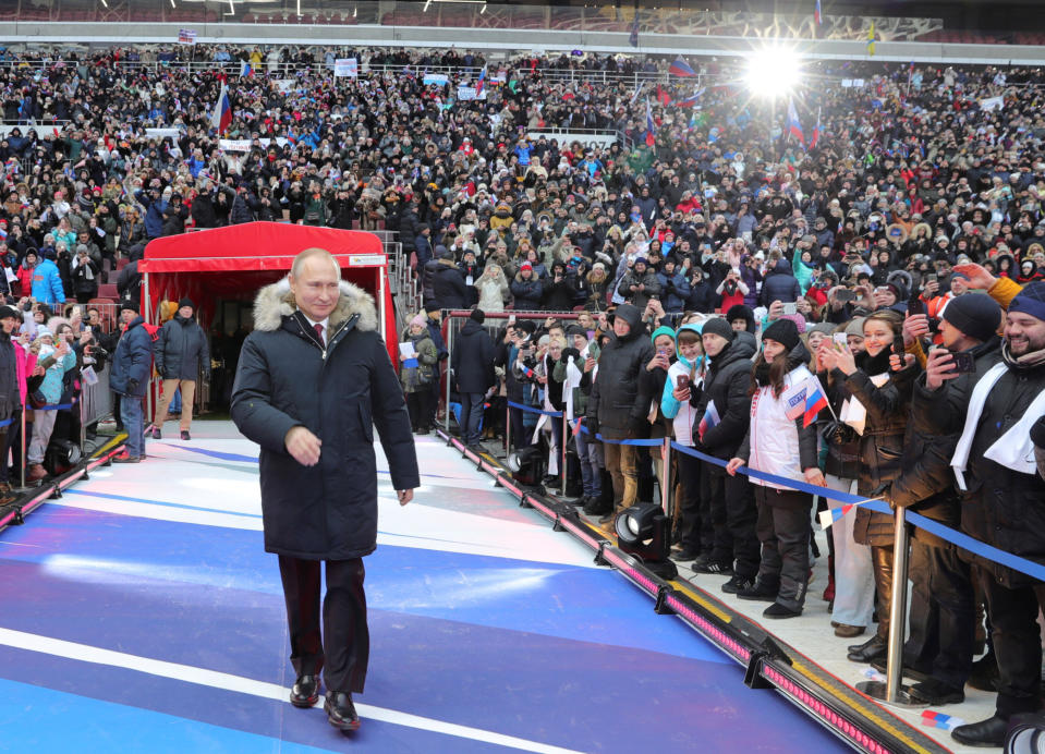 <p>Russian President Vladimir Putin arrives to take part in a rally to support his bid in the upcoming presidential election, at Luzhniki Stadium in Moscow, Russia, March 3, 2018. (Photo: Sputnik/Mikhail Klimentyev/Kremlin via Reuters) </p>