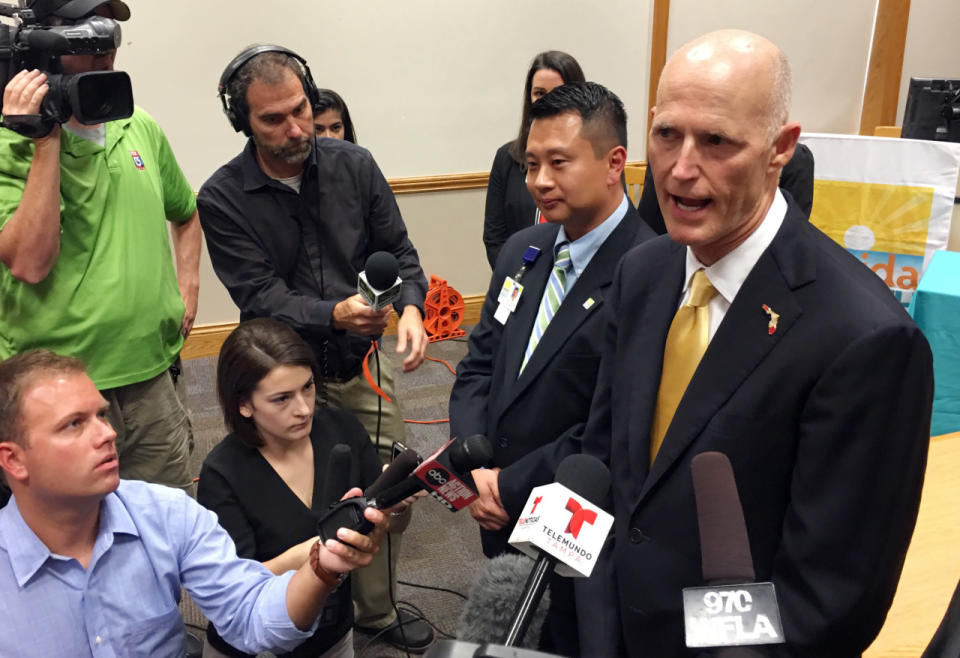 <p>Florida Gov. Rick Scott addresses the media during a round-table discussion about the Zika virus in St. Petersburg, Fla., Monday Aug. 1, 2016. (AP Photo/Tamara Lush)<b><br></b></p>