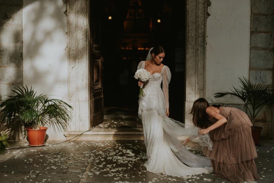 The Bride Wore Feathers for Her Civil Ceremony in London, and a Dress Embroidered With Peonies to Her Micro-Wedding in Portugal