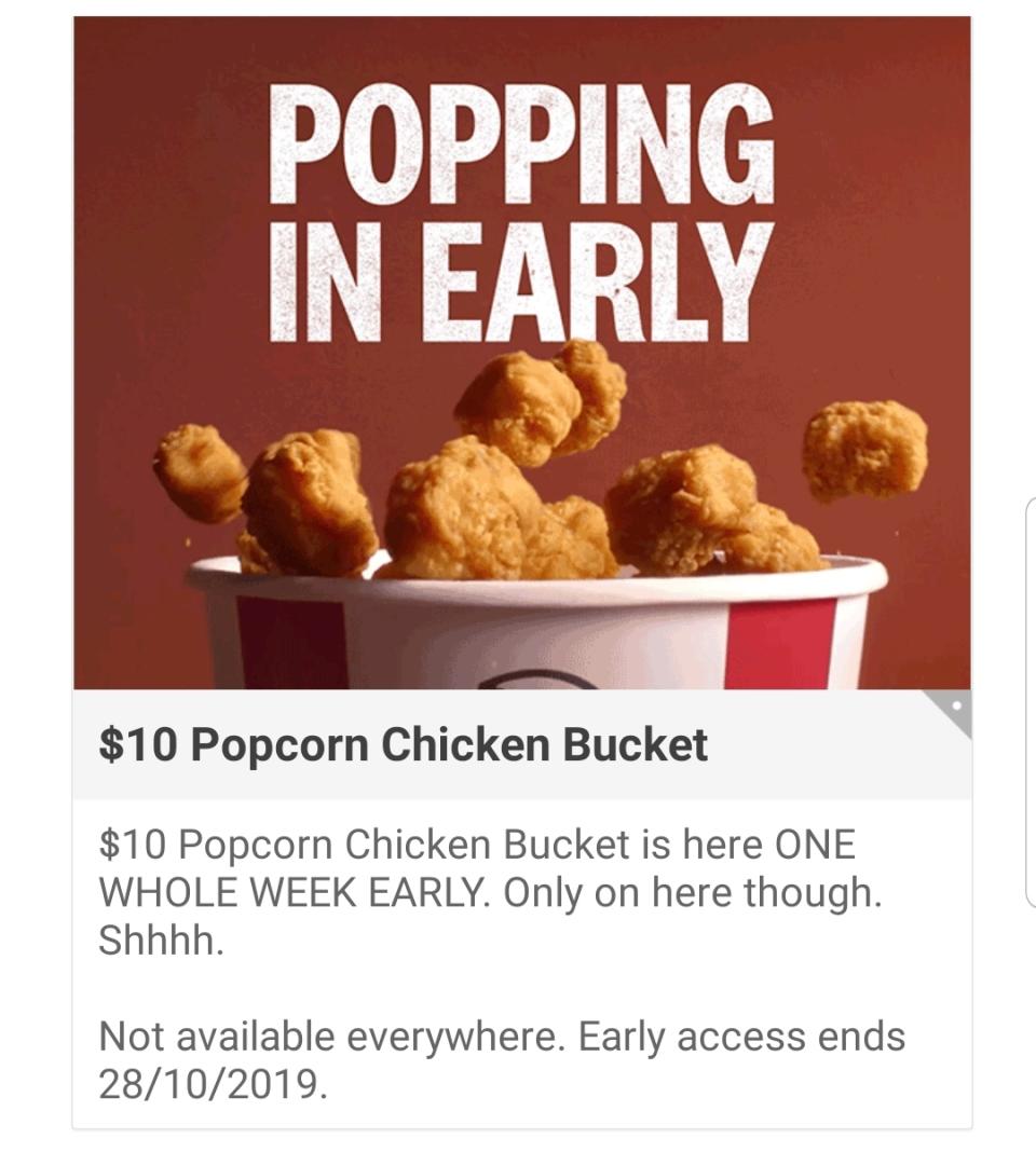 A screenshot of the popcorn chicken bucket offer on the KFC Australia app.