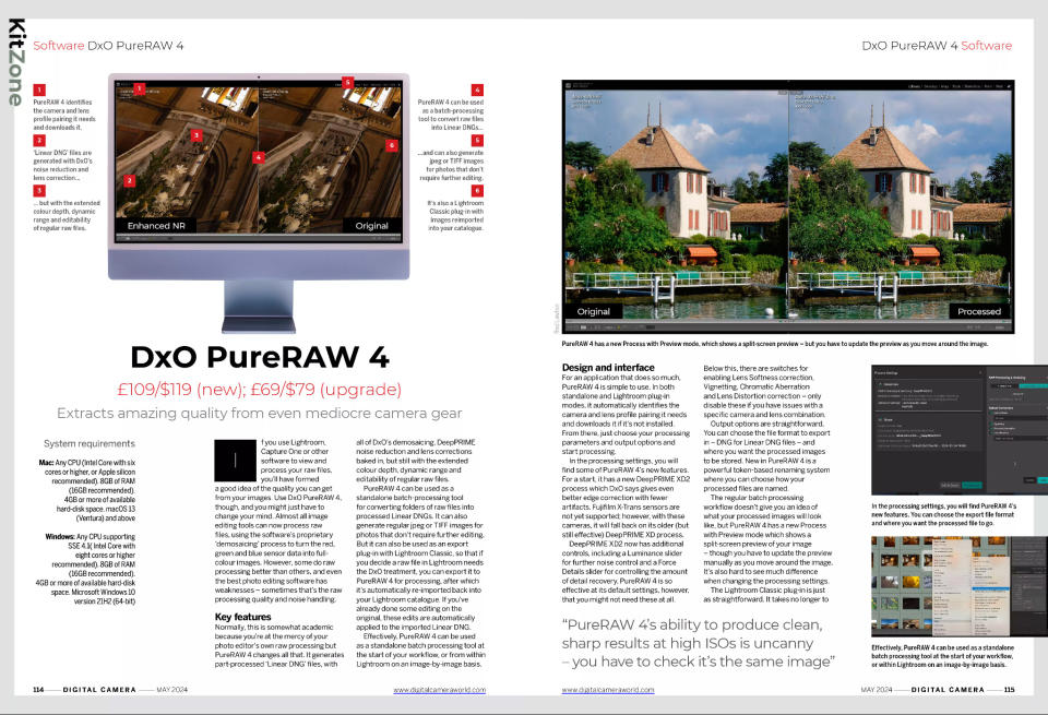 Opening two pages of DxO PureRAW 4 image editing software review in issue 281 (May 2024) of Digital Camera magazine