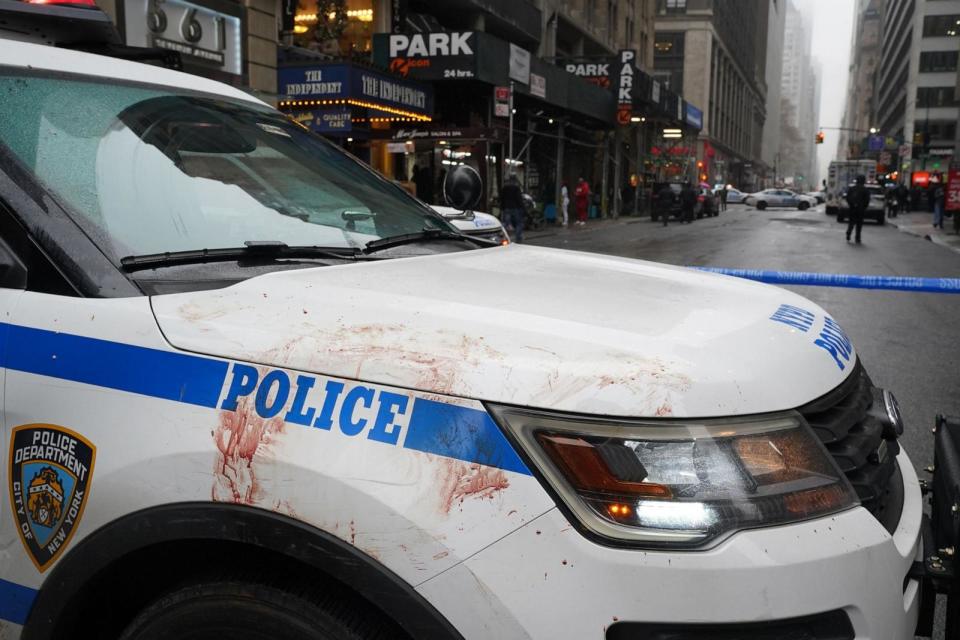 PHOTO: In this  Dec. 31, 2022 file photo, blood is seen smeared on an NYPD cruiser following a knife attack in Times Square in New York.  (Barry Williams/New York Daily News/Tribune News Service via Getty Images, FILE)