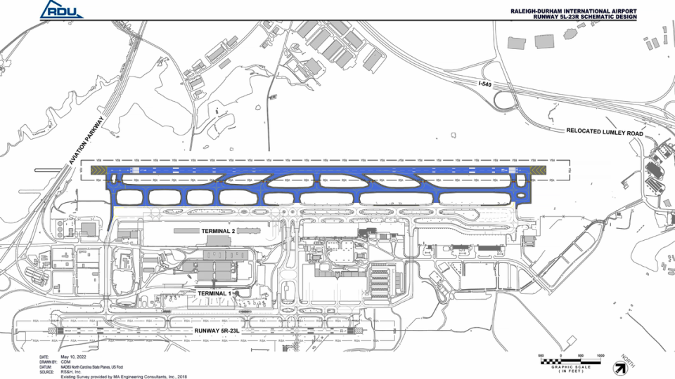 A diagram of the planned new main runway at Raleigh-Durham International Airport, just northwest of the existing one. The runway will be 10,639 feet long, 639 longer than the existing one.