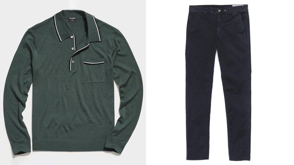 Todd Snyder merino wool polo, 8; Rag & Bone cotton chinos, 5. - Credit: Todd Snyder/Rag & Bone