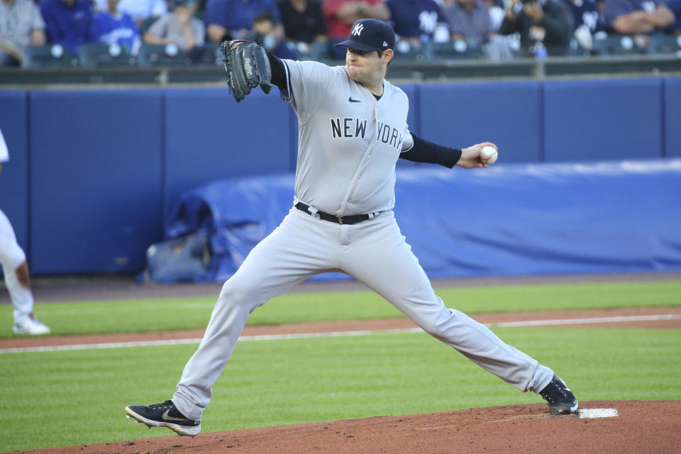 New York Yankees starting pitcher Jordan Montgomery throws to a Toronto Blue Jays batter during the first inning of a baseball game, Tuesday, June 15, 2021, in Buffalo, N.Y. (AP Photo/Jeffrey T. Barnes)