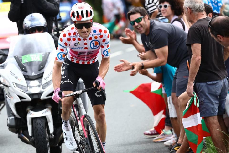 EF Education  Easyposts US rider Neilson Powless wearing the best climbers polka dot dotted jersey cycles in a breakaway during the 2nd stage of the 110th edition of the Tour de France cycling race 2089 km between VitoriaGasteiz and San Sebastian in northern Spain on July 2 2023 Photo by AnneChristine POUJOULAT  AFP Photo by ANNECHRISTINE POUJOULATAFP via Getty Images