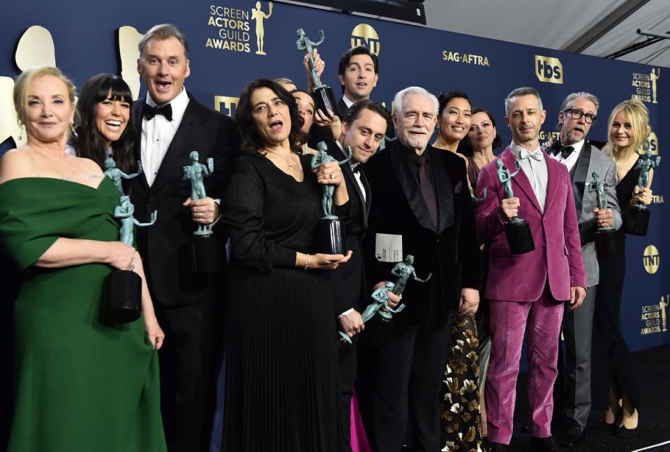 Cox with the Succession cast after they won Outstanding Performance by an Ensemble in a Drama Series, at the Screen Actors’ Guild Awards (Jordan Strauss/Invision/AP)