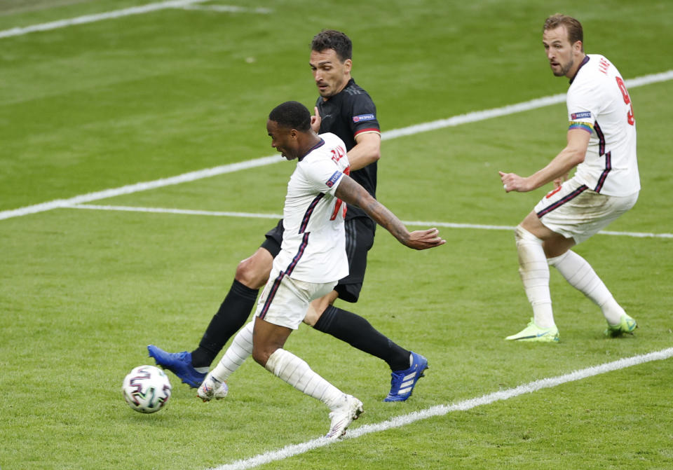 Euro 2020: England's Raheem Sterling scores the first goal against Germany at Wembley on Tuesday. England defeated Germany 2-0 to reach the quarterfinals where they will play against Ukraine. Photo: John Sibley/Reuters