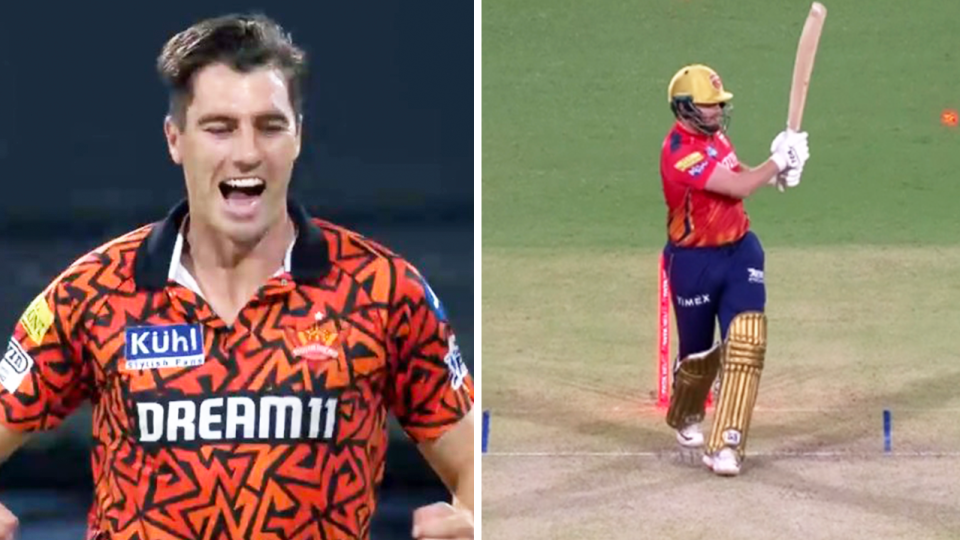 Pat Cummins (pictured left) dismissed Jonny Bairstow for a duck as he continues to earn his $3.7 million price tag in the IPL. (Images: Twitter)