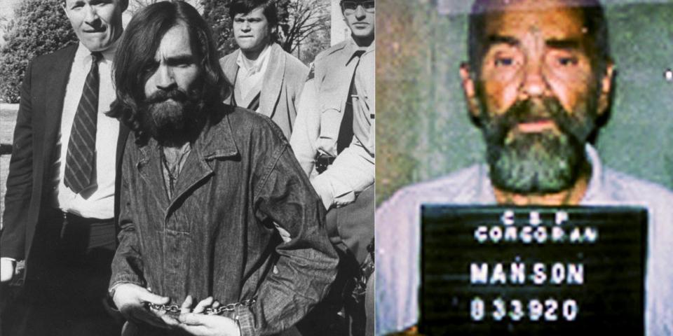 Charles Manson being arrested in 1969 (left) and his mug shot from 1996 (right).