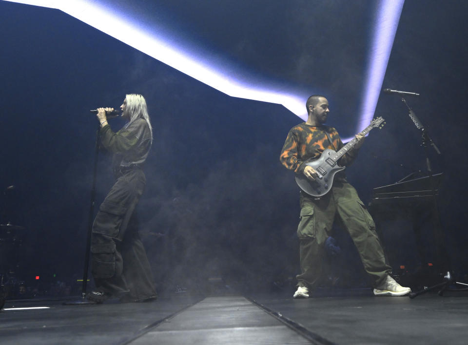 Armstrong and Shinoda of Linkin Park perform during the global livestream.