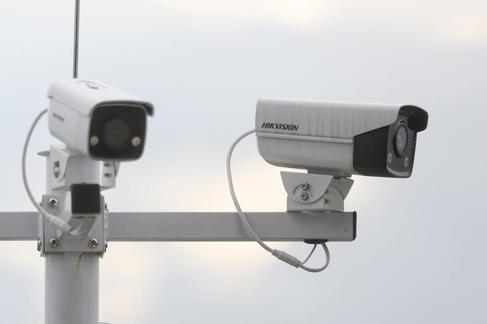 Hikvision security cameras are seen on July 31, 2020 in Guangyuan, Sichuan Province of China.