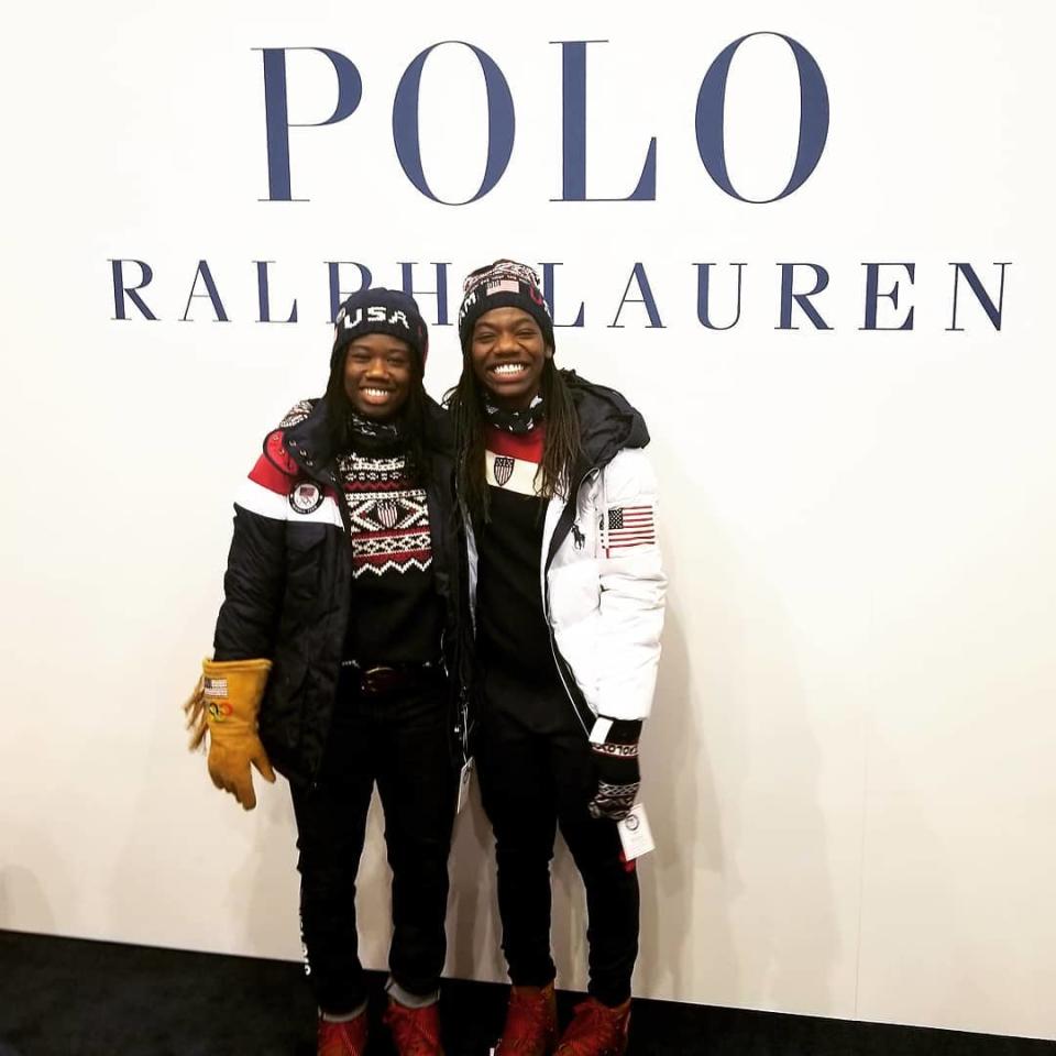 <p>Erin Jackson USA, speed skating: Modeling the Ralph Lauren (@poloralphlauren) opening and closing ceremonies outfits with the one and only Maame Biney (@biney.biney) (Photo via Instagram/speedyj) </p>