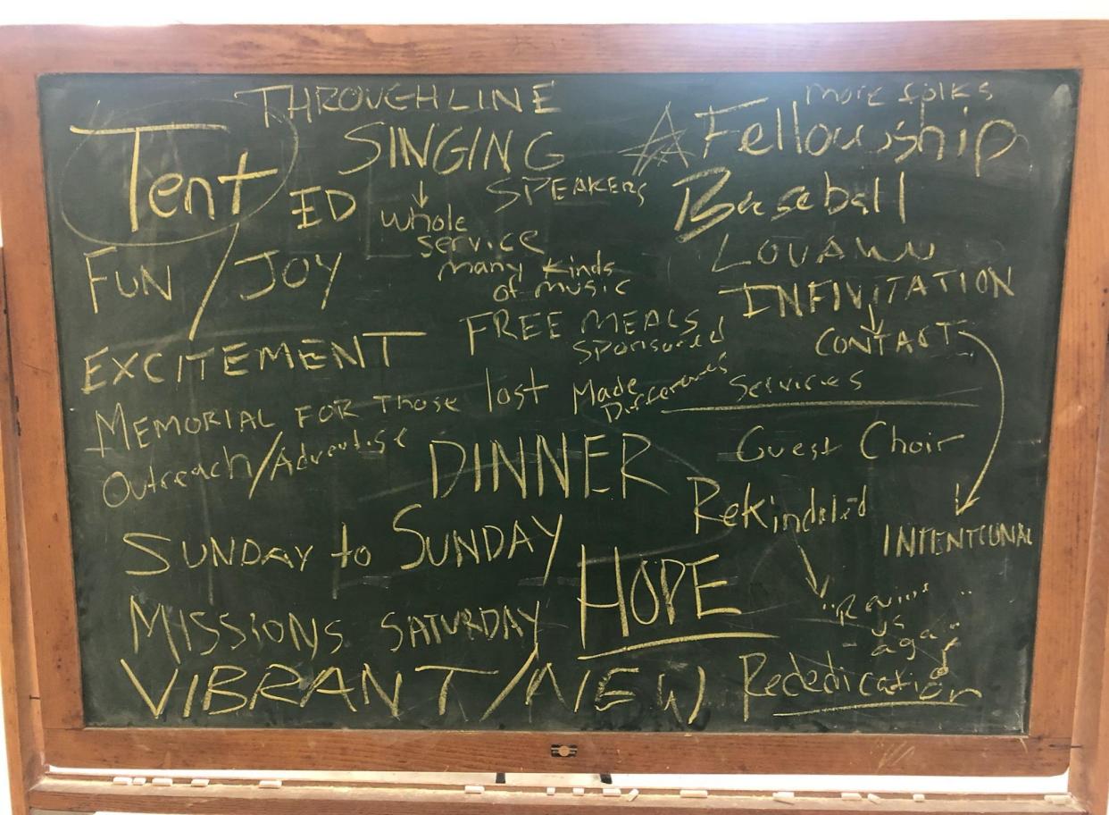 Members of a prayer group at First Baptist Church on Anderson Street brainstormed ideas on June 14, 2022, for an event that eventually became ‘Revive All,’ scheduled to begin on Sunday, May 14, 2023 in a tent at the church. Multiple churches will be involved in the 8-day event.