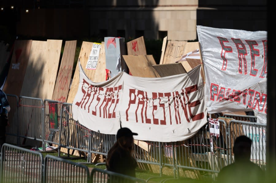 Westwood, CA – April 29:Pro-Palestinian protesters continued to occupy the grounds at UCLA in front of Royce Hall on Monday, April 29, 2024. Security has surrounded the encampment after a skirmish broke out Sunday between the Pro-Palestianian protesters and Israel supporters. (Photo by David Crane/MediaNews Group/Los Angeles Daily News via Getty Images)