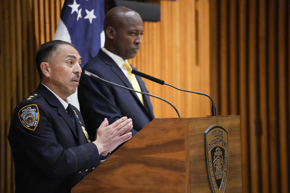 New York Police Dept. Assistant Chief at Emergency Services Unit Carlos Valdez, left, is joined by Deputy Commissioner of Public Information Tarik Sheppard as he speaks to reporters during a news conference at police headquarters, Friday, May 3, 2024, in New York. (AP Photo/Mary Altaffer)
