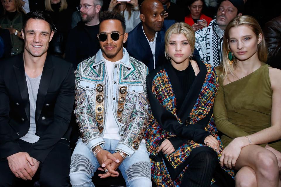<p>Balmain Homme had one powerful front row, including Dan Carter, Formula One driver, Lewis Hamilton, Sofia Richie and Ilona Smet. [Photo: Getty] </p>