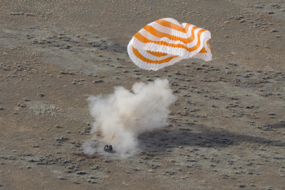 In this photo released by the Roscosmos Space Agency, the Russian Soyuz MS-19 space capsule lands southeast of the Kazakh town of Zhezkazgan, Kazakhstan, Wednesday, March 30, 2022. The Soyuz MS-19 capsule landed upright in the steppes of Kazakhstan on Wednesday with NASA astronaut Mark Vande Hei, Russian Roscosmos cosmonauts Anton Shkaplerov and Pyotr Dubrov. (Irina Spektor, Roscosmos Space Agency via AP)