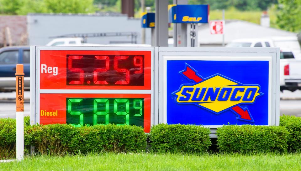 The pricing sign at a Bloomington Sunoco on South Walnut Street shows $5.26 for a gallon of regular on Tuesday, June 7, 2022.