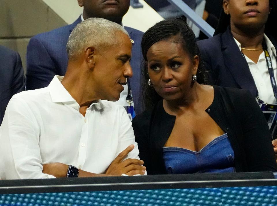 Aug 28, 2023; Flushing, NY, USA; 
Former President Barack Obama and First Lady Michelle Obama take in the tennis on day one of the 2023 U.S. Open tennis tournament at USTA Billie Jean King National Tennis Center.
Mandatory Credit: Robert Deutsch-USA TODAY Sports