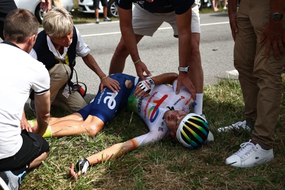 TotalEnergies Belgian rider Steff Cras C reacts on the ground after a crash during the 8th stage of the 110th edition of the Tour de France cycling race 201 km between Libourne and Limoges in central western France on July 8 2023 Photo by AnneChristine POUJOULAT  AFP Photo by ANNECHRISTINE POUJOULATAFP via Getty Images