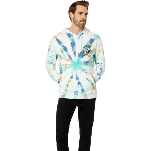man in multi-colored tie-dye hoodie and black jeans against white background