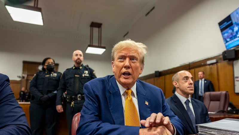 Former President Donald Trump sits inside Manhattan Criminal Court, Thursday, May 2, 2024.