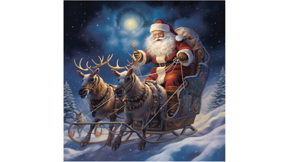 Santa preparing his sleigh just before he departs to start delivering gifts