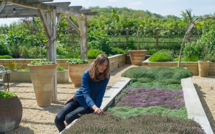 Anna inspects the herb beds - Credit: Mark Diacono