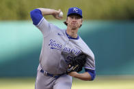 Kansas City Royals pitcher Brady Singer throws against the Detroit Tigers in the first inning of a baseball game in Detroit, Tuesday, May 11, 2021. (AP Photo/Paul Sancya)