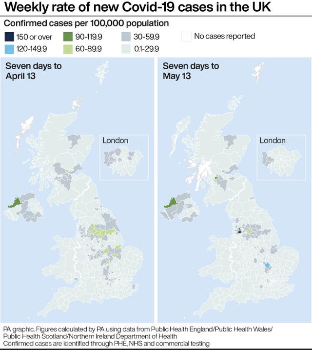 Weekly rate of new Covid-19 cases in the UK