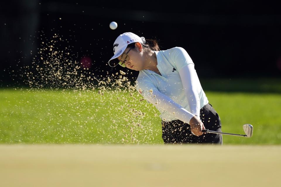 Rose Zhang hits out of a bunker on the 13th hole during a practice round for the U.S. Women's Open golf tournament at Lancaster Country Club, Wednesday, May 29, 2024, in Lancaster, Pa. (AP Photo/Matt Slocum)