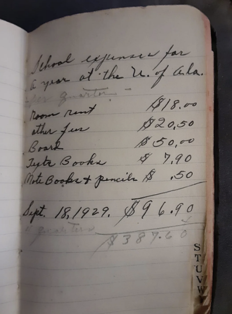 A handwritten ledger listing school expenses at the University of Alabama, including room rent, fees, books, and stationery from September 18, 1929, totaling $96.90