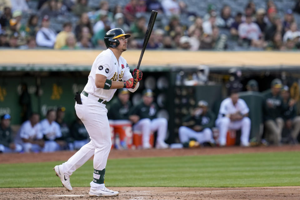 Oakland Athletics' Ryan Noda watches his three-run home run against the Atlanta Braves during the fifth inning of a baseball game in Oakland, Calif., Monday, May 29, 2023. (AP Photo/Godofredo A. Vásquez)