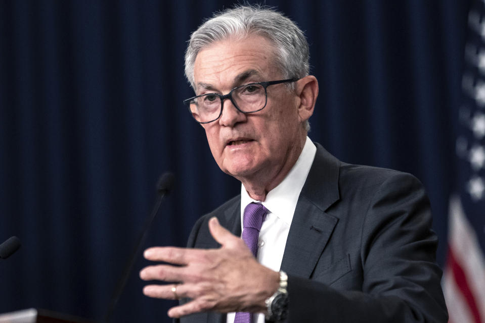 Federal Reserve Chair Jerome Powell speaks during a news conference at the William McChesney Martin Jr. Federal Reserve Board Building following a Federal Open Market Committee meeting on Wednesday, July 26, 2023, in Washington. (AP Photo/Nathan Howard)